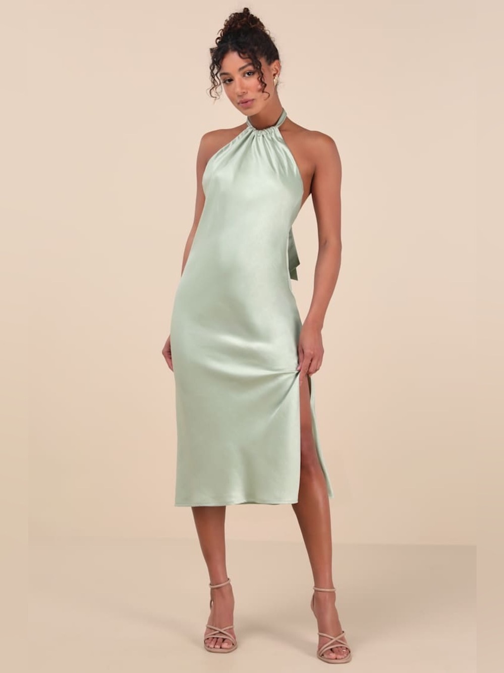 Lulus Angelique Sage Satin Backless Halter Midi Dress - Size XS (Fits S too!)